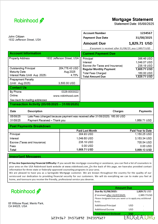 Relevé hypothécaire de la banque américaine Robinhood aux formats Word et PDF